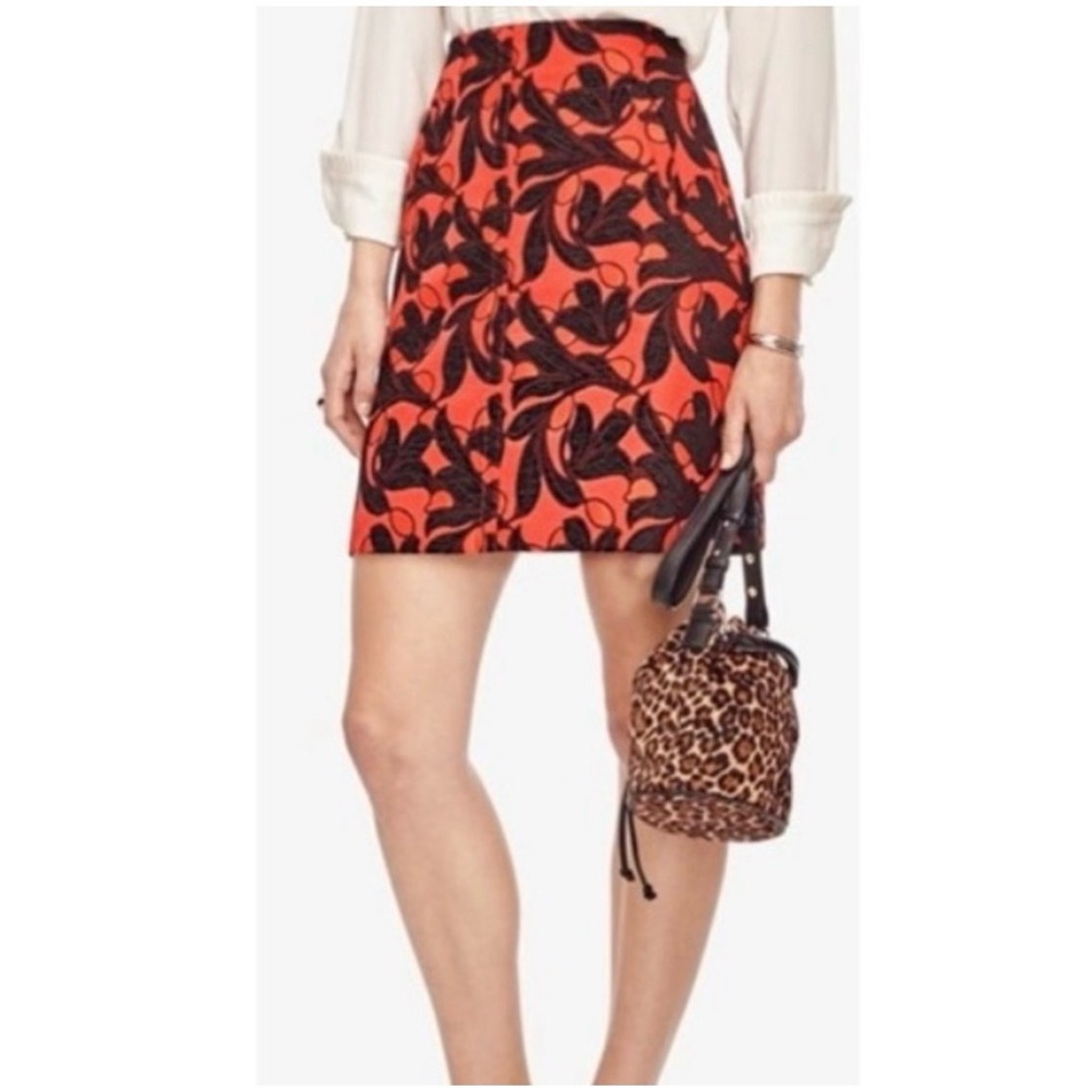Ann Taylor Orange Red‎ Skirt Leaves Jacquard Pockets Mini Elegant Classic